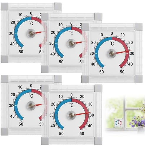 5 Stück Fensterthermometer Aussen Selbstklebend, Aussenthermometer, Wetterfeste Thermometer Für Fenster, Kühlschrankthermometer Analog Set, + - 50°C Außenthermometer Für Garten, Balkon Und Terrasse