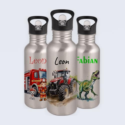 Gravur-Max Kinder Trinkflasche 600 ml personalisiert - Traktor - auslaufsichere Edelstahl Trinkflasche mit Trinkhalm & Klappdeckel – BPA-frei, leicht & robust – mit Namen bedruckt - Silber