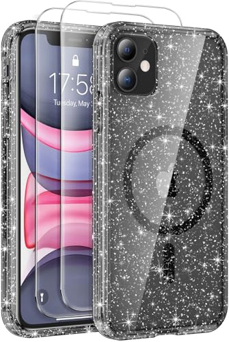 AROYI for iPhone 11 Case, Glitter Transparent Phone Case with 2 Tempered Glass Screen Protector, Compatible with Mag Safe, Shockproof Acrylic Magnetic Sparkle Bling for Women and Girls, Black
