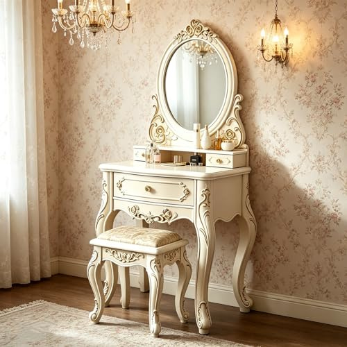 ASYJVWYZ Toilette Vintage Con Intaglio, Set Da Trucco, Con Cassetti For Sgabello, Specchio Rimovibile, For Camera Da Letto, Bagno, Donne, Ragazze(60x47x147cm)