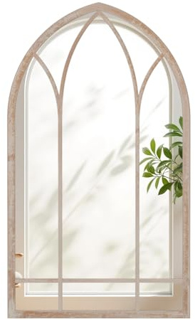 COSTWAY Arched Window Wall Mirror, Farmhouse Hanging Accent Decorative Mirror, Indoor Outdoor Metal Frame Wall Mounted Windowpane Mirrors for Hallway, Living Room, Garden (Rustic Grey, 83x48cm)