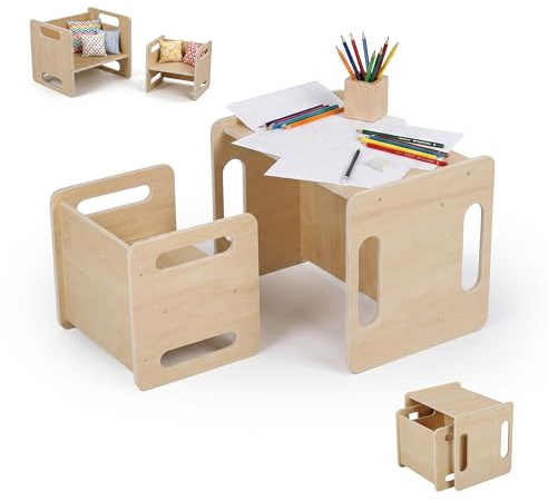 Relaxdays Kindersitzgruppe, 2-teiliges Set, Kindertisch mit Stuhl, Natur | Holz, Montessori Sitzgruppe, Kinderzimmer