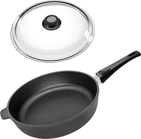 Eurolux Guss-Schmorpfanne Ø 26 cm mit Deckel aus Glas - hoher 7 cm Rand - große Alugusspfanne mit abnehmbaren Stiel & Antihaft-Beschichtung - ohne Induktion - Made in Germany