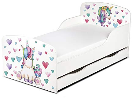 Leomark Einzelbett aus Holz - Einhorn - Kinderbett mit Schubladen für Bettwäsche, Stauraum, Holzbett mit Matratze + Lattenrost, Komplett Set, Liegefläche 70/140 cm, UV-Druck