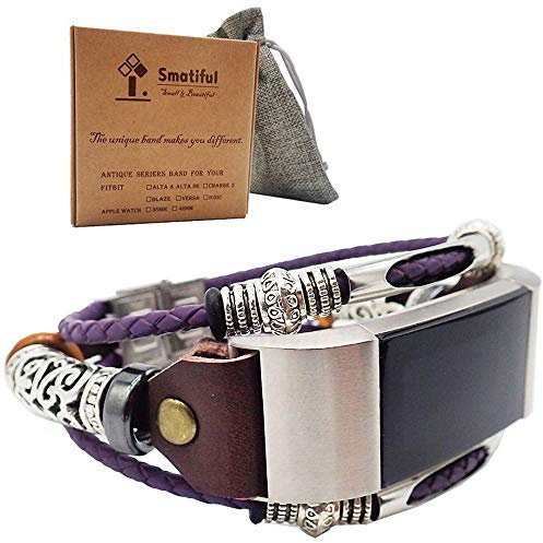 Smatiful Uhr Gliederarmband Zubehör für Damen und Herren, Verstellbar Lederarmband for Fitbit Charge 2, Lila