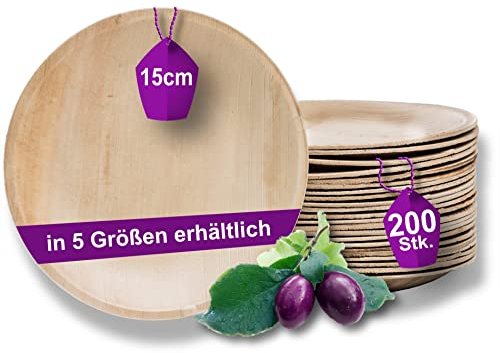 Waipur 200 Platos Desechables de Hoja de Palma Orgánicos - Redondo Ø 15 cm - Vajilla Ecológica - Estable, Natural y Compostable - Elegantes para Fiestas - Estilo Madera