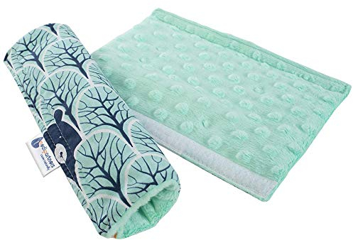 Medi Partners Bälteskuddar, axelkuddar för bil, 17 x 22 cm, baby, 100% bomull, minky dubbelsidig bilrem, bältesskydd, sportbil, skurning (skog med minzer minky)