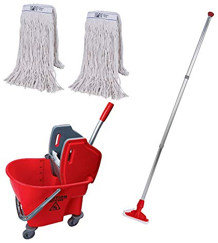 Abbey Professional Heavy Duty Kentucky Mop Handle and Bucket with two 450g Kentucky Mop Heads – Commercial Mop and Bucket Set for Cleaning Hard Floors - Kentucky Mop Bucket 25L – Red