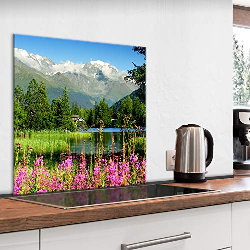 murando Spritzschutz Glas für Küche 60x60 cm Küchenrückwand Küchenspritzschutz Fliesenschutz Glasbild Dekoglas Küchenspiegel Glasrückwand Landschaft Gebirge See Alpen -