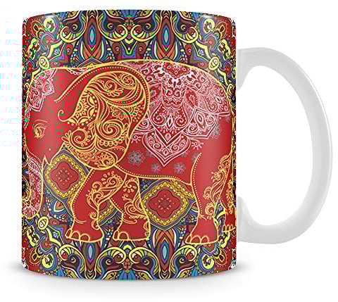 Traditional Retro Indian Elephant Oriental Ethnic Pattern Mug Vintage Colourful Decorative Hippy Boho Coffee Tea Cocoa Soup Daily use Mug. (11 oz White Mug)