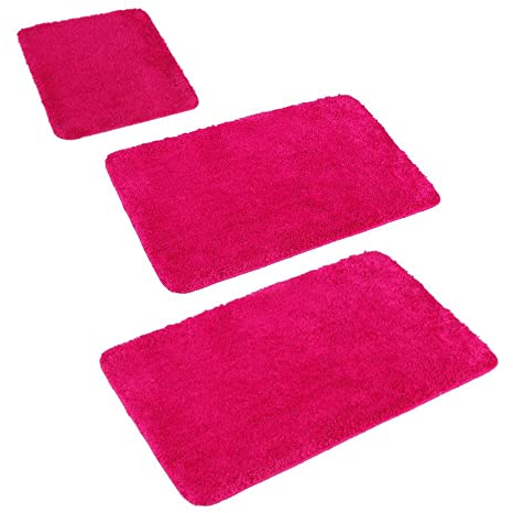 PANA® 'Florenz' Badteppich Set • Flauschige Vorleger für Badezimmer & WC • Waschbare & rutschfeste Badematten • Set: 45 x 45 cm mit WC-Ausschnitt 50 x 80 cm + 60x100cm • Farbe: Fuchsia