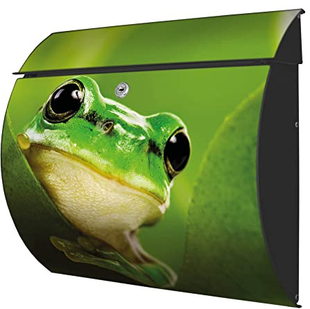 banjado® Burgwächter® Briefkasten anthrazit aus Stahl mit Motiv Frosch/Briefkasten ohne Zeitungsfach/Postkasten mit Kippdach & Öffnungsstopp, 2 Schlüssel