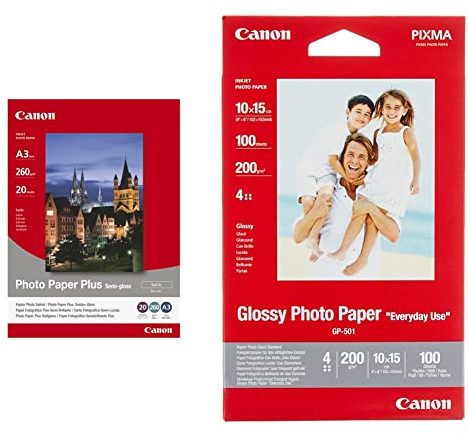 Canon Fotopapier SG-201 Plus Seidenglanz - DIN A3 20 Blatt – PIXMA Drucker (260 g/qm) & Fotopapier GP-501 glänzend weiß - 10x15cm 100 Blatt für Tintenstrahldrucker - PIXMA Drucker (200 g/qm)
