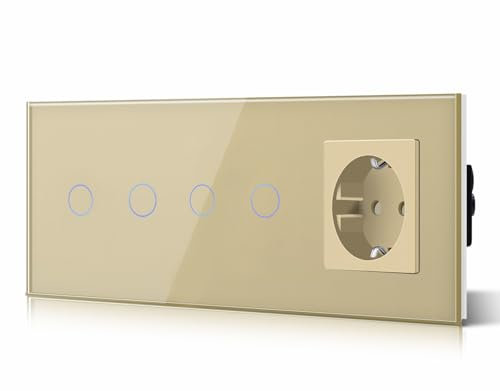 BSEED Interruptor de luz doble táctil de 2 teclas, 1 vía con enchufes, sin cable neutro, sin wifi, placa de cristal templado, panel táctil de cristal dorado, 228 mm