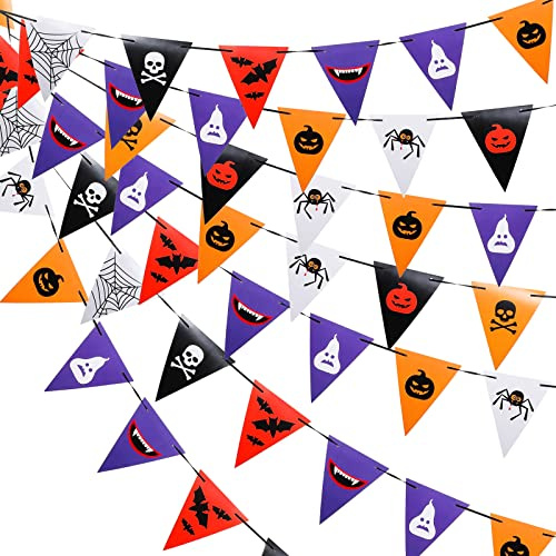 3 Stück Halloween Wimpel Banner Halloween Papier Party Dekorationen Halloween Banner Fledermaus Schädel Spinne Spinnennetz Kürbis Dreieck Flagge Girlande für Indoor Outdoor Garten, 9,8 Feet