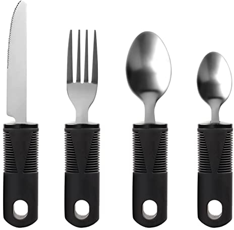 Jetisva Easy Grip Cutlery Set of 4 Black Disability Aids with Knife Fork Spoon Large Wide Handled Arthritis Hands Aids Cutlery Adaptive Eating Drinking Utensils for Disabled People Elderly Parkinson