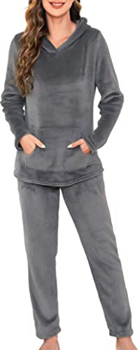 Vlazom Pigiama Donna Manica Lunga, Pantaloni in Flanella e Pile Invernale, L, A-Grigio Scuro