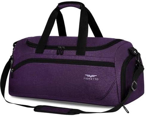 FIORETTO 35L Mens Sports Gym Bag with Wet Pocket & Shoe Compartment,Travel Duffle Bag Overnight Bag with Padded Shoulder Strap, Water-Resistant Sports Holdall for Swimming, Basketball Dark Purple