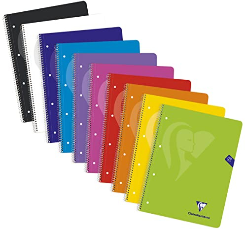 Clairefontaine 198753C - Collegeblock Mimesys mit PP-Einband und Spiralbindung DIN A4+ 22,5x29,5cm 120 Blatt, kariert (24 Blatt x 5 Farbränder), 4-fach gelocht, farbig sortiert, 1 Stück