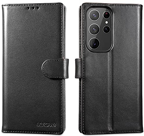 LENSUN Echtleder Hülle für Samsung Galaxy S23 Ultra, Handyhülle [Echtes Leder] [Kartenfach] [RFID Schutz] Lederhülle Handytasche Klappbar für Galaxy S23 Ultra 5G-Schwarz
