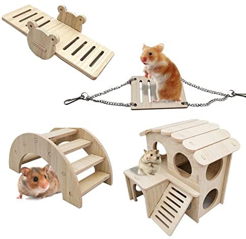 YEKUYEKU Hamster House, Wooden Hamster House, Small Animal Hideout, with Climbing Ladder Hamster Play Toys for Dwarf Hamster and Mouse (White)