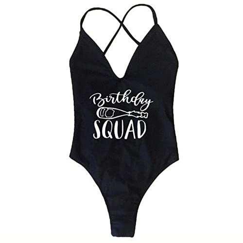 JACTZ Bikini Damen Geburtstagsfeier EIN Stück Badeanzug Geburtstag Queen Squad Lady Futterhaut Frauen Badeanzug Rückenless Beachwege-Squad- Black,M