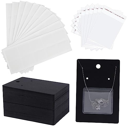Temlum 100pcs Jewelry Display Cards with Adhesive Pouch & Clear Bag, Black