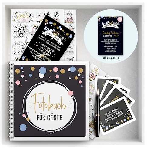 Fotospiel Set 40 Geburtstag by snaPmee - Fotoaufgaben, Hardcover-Gästebuch (21x21cm), Stift, Sticker, Aufsteller - Party-Spiel für Gäste