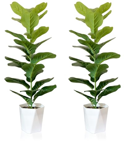 SAJANDAS Set mit 2 künstlichen Geigenblatt-Feigenbäumen in Töpfen, 83 cm, künstliche Ficus-Lyrata-Pflanzen mit grünen Blättern und Stielen, künstliche Geigenblatt-Bodenpflanzen, Topfpflanzen für den