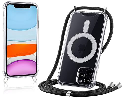 JProtect für iPhone 11 Pro Hülle mit Band und MagSafe – Magnetische Handykette für iPhone 11 Pro Magnet – Durchsichtige Umhängehülle Band Schwarz – Kette Handyhülle für MagSafe Zubehör