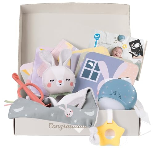 Taf Toys Bedtime Kit. Baby Bed time Gift Set Includes Soothing Music & Lights Unit, 7 Flash Cards, Baby's First Toothbrush, Blankie & Bunny Teether. For Boys & Girls