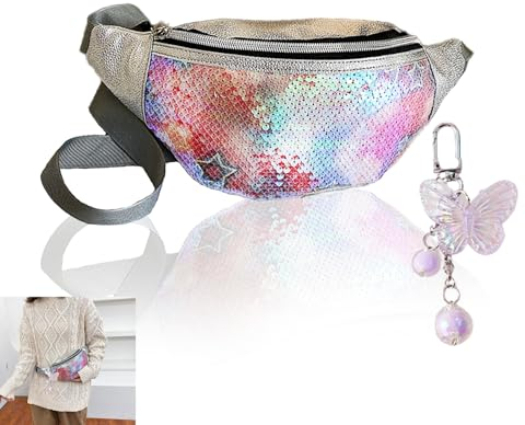 ANROI 1PCS Kinder Bauchtasche, Mädchen Gürteltasche, Glitzer Bauchtasche für Frauen, wasserdicht, mit Schmetterlings-Schlüsselanhänger