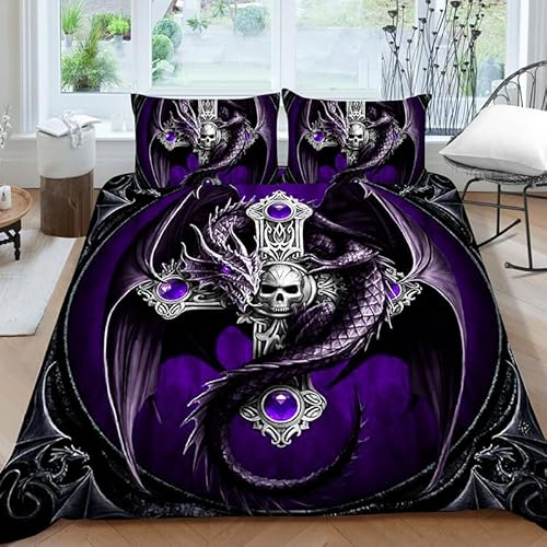 CTQTZ Totenkopf Lila Drachen Bettwäsche 220x240 Gotisch Schädel Erwachsene 3 Stück Bettbezug Skull Drachen 3D Bettbezüge Weiche Mikrofase Bettwäsche mit Kissenbezug 80x80