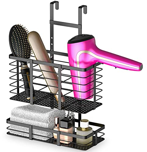 VITVITI 2 Tier Hair Dryer Holder, Straightener Holder Stand, Metal Hair Dryer Holder Station, Corner Shelf for Bathroom Accessories Storage, Kitchen Closet Shelf - Black