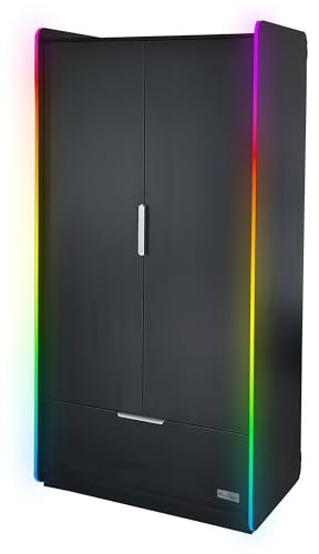 X-Rocker Electra LED Black 2 Door Wardrobe, Black Shelf and Hanging Rail Bedroom Storage Furniture with Integrated Handles and Metal Runners, App Controlled RGB LED Lighting Strip for Ambient Lighting