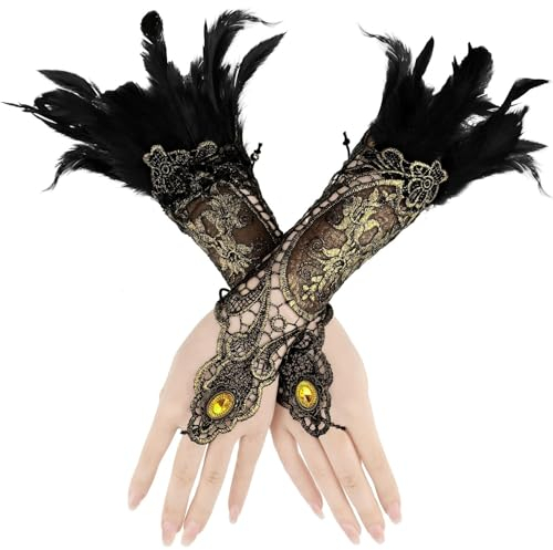 KAYEF Women's Vintage Lace Gloves, 1 Paar Feder dekoriert lange Spitze warme Feder Armband Armstulpen für Cosplay Hochzeit Karneval Kostüm Zubehör
