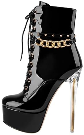 blingqueen Plateau Stiefeletten Damen Stiletto Ankle Boots Schnürstiefeletten Lackleder Schwarz 39 EU
