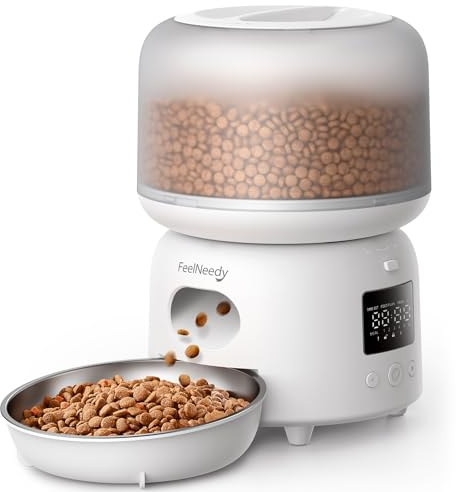 FEELNEEDY Distributeur Croquettes Chat Automatique, 3L Distributeur de Croquettes pour Chats et Chiens Programme Personnalisé jusqu'à 6 Repas/36 Portions par Jour, Gamelle Chat en Acier Inoxydable, 3L