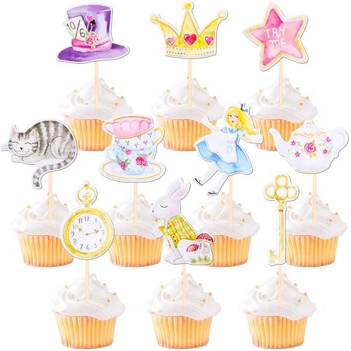 Lot de 24 décorations de cupcake Alice au pays des merveilles - À paillettes - Horloge - Fairy Eat Me - Décoration de gâteau pour fête prénatale, enfants, garçons et filles
