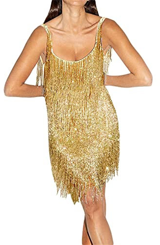 Qianderer Damen-Minikleid mit Pailletten, Glitzer, mehrlagig, Fransen, tiefer V-Ausschnitt, rückenfrei, ärmellos, Quaste, Flapperkleid, Club, Party, Abschlussball, glitzerndes Kleid, Ba Gold, M