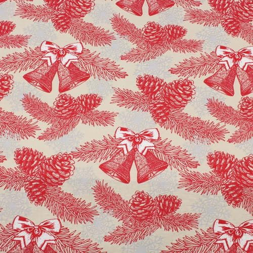 Weihnachtsstoff Meterware Beige Zapfen Glocken Schneeflocken – Stoff 140 cm breit Baumwolle Polyester – festlicher Dekostoff für Tischdecken, Vorhänge & Kissen