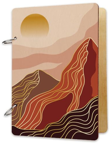 SUPERDANT Wooden Card Keeper Memory Book Loose Leaf Binder Greeting Card Postcard Photo Album 2-Rings Cover Abstract Mountain Sun Birthday Reminder Calendar Holder Organizer Card Keepsake