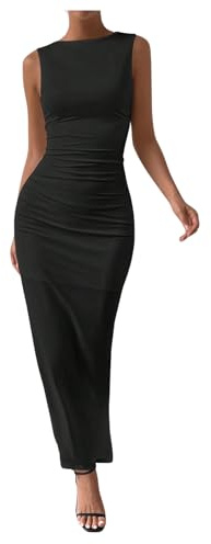 SweatyRocks Damen Tank Kleid mit Schlitz Figurbetontes Kleid Langes Freizeitkleider Ärmellos Bleistiftkleid mit Falten Schwarz L