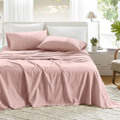 Comfort Spaces 100% Cotton Sheets Full, Breathable & Ultra Soft Cotton Sheets, Naturally Cool Cotton Bed Sheets with 14 Elastic Pocket Fits up to 16 Mattress, All Seasons Sheet Set, Pink 4 Piece