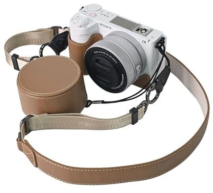 VOVMOEYA Protective Camera Case Kit for Sony ZV-E10 II Mirrorless Camera,for Sony ZVE10II Half Case ZV-E10II Camera Cover with 16-50MM Front Lens Cap with Shoulder Strap-Choc