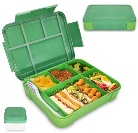 XJIANFU Brotdose Kinder mit Fächern,1300ml Auslaufsichere Bento-Box, Kinder-Lunchbox,Auslaufsicher Fächern,Jausenbox Brotbox für,Mädchen & Jungen,Mikrowelle/spülmaschinenfes(1300ML/Green)