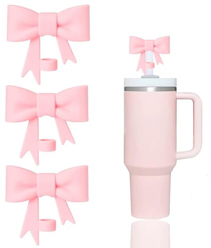 3 Stück Rosafarbener Bow Strohhalm Abdeckung für Stanley Cup 30&40oz,Silikon Trinkglas Deckel, Wiederverwendbare 10mm Strohhalm Schutzkappe für Stanley Tumbler Becher (Rosa)