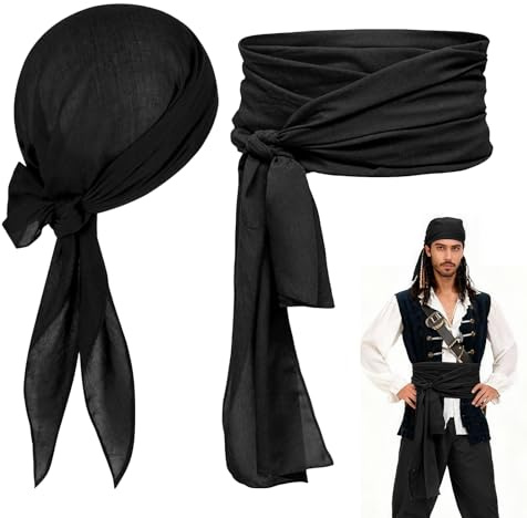 Augesak Pirate Kopftuch + Piraten Gürtel Schärpe, Pirate-Bandana Herren Damen, Piraten Stirnband Taillengürtel, Pirate Accessoires für Halloween Karneval Cosplay-Schwarz