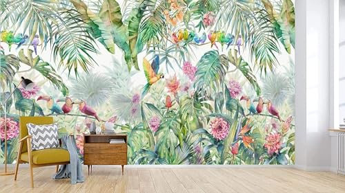 ZXCHEE Papier Peint Panoramique Perroquet Vert De La Forêt Tropicale Papier Peint 3D Tapisserie Mural Salon Chambre Décoration Murale -S1241-400x280cm(LxH)