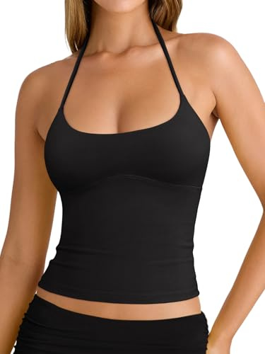REORIA Damen Sexy Neckholder Tanktop mit Rückenfrei und Doppelt Gefüttert Y2k Trendy Camisole Crop Tops